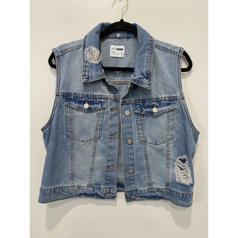 Cisono Women's Distressed Denim Vest Light Wash Size L Grunge Streetwear Western